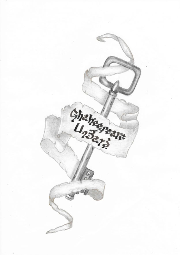 The logo of Shakespeare Unbard - a key with intertwined banner